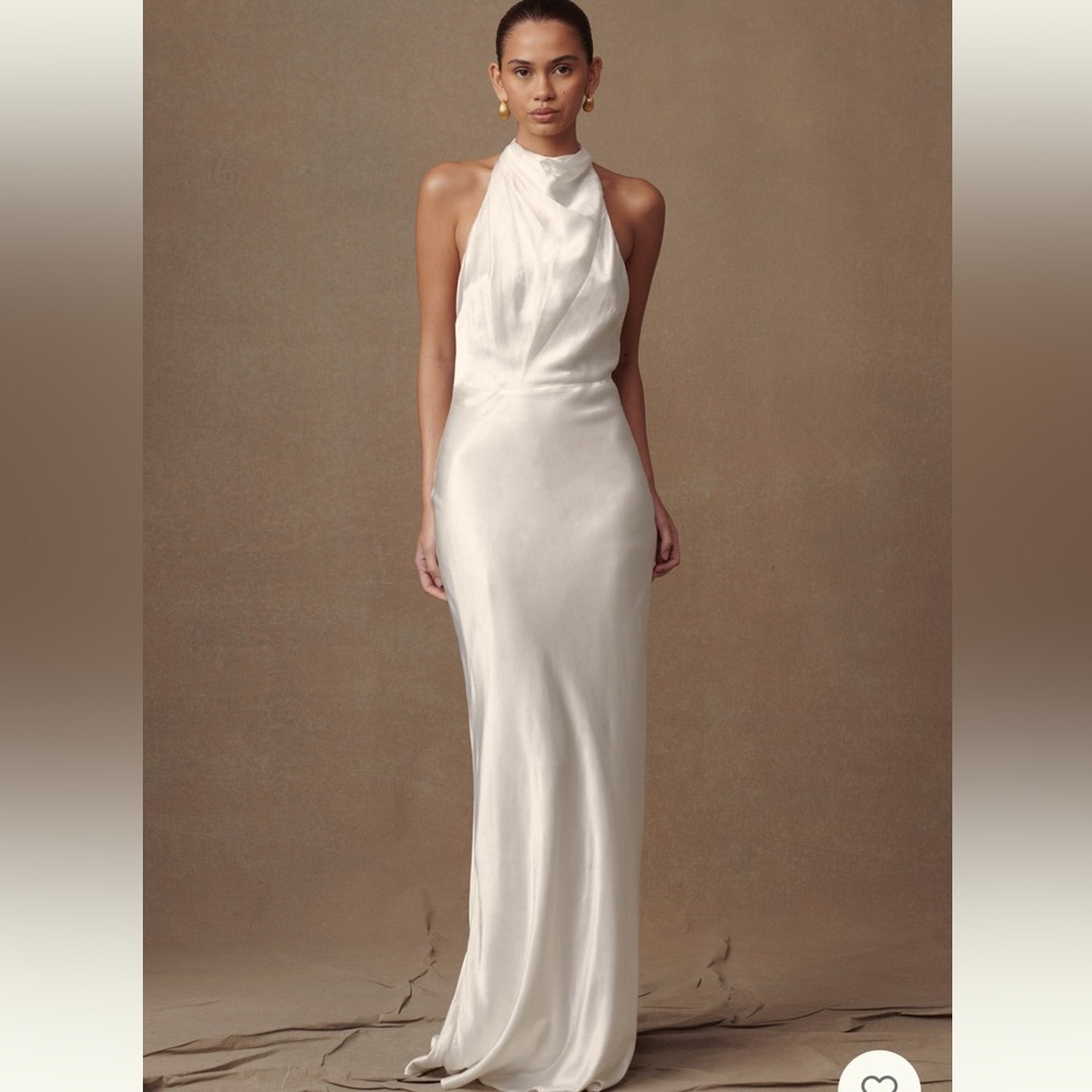 Meshki Ivory Satin Backless Halter Gown